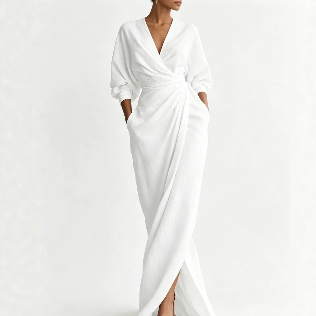 Womens Solid Color V-Neck Long Sleeve Dress
