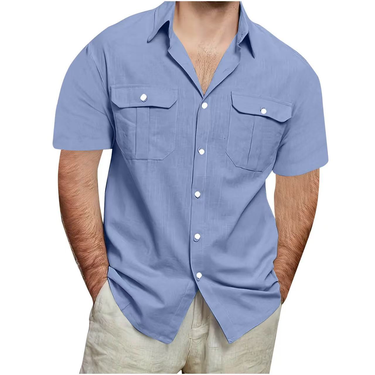 Camisa de algodón y lino de manga corta para hombre