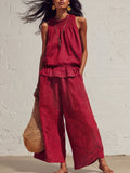 Women's Sleeveless Linen Two-Piece Set with Wide-Leg Pants