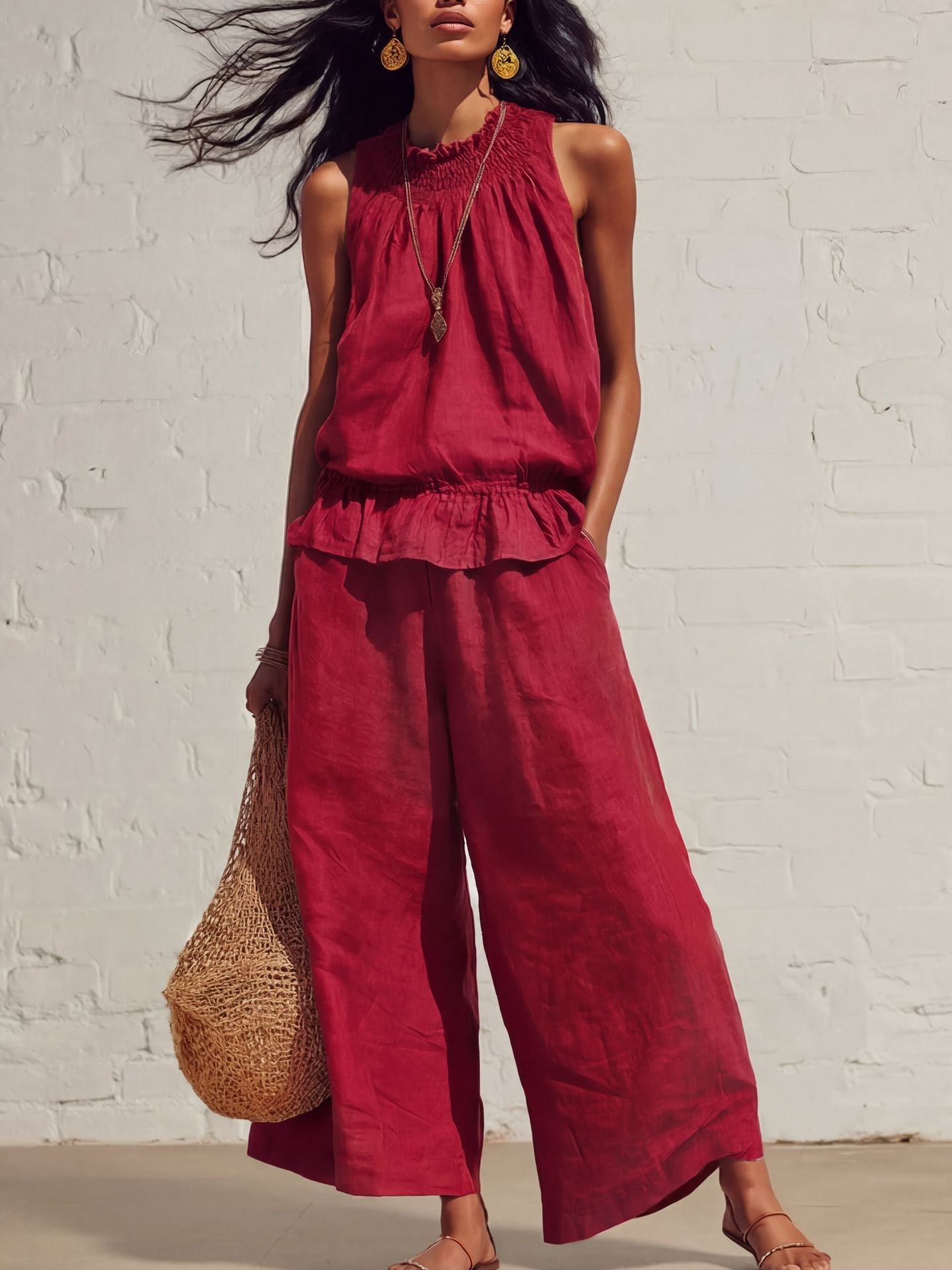 Women's Sleeveless Linen Two-Piece Set with Wide-Leg Pants