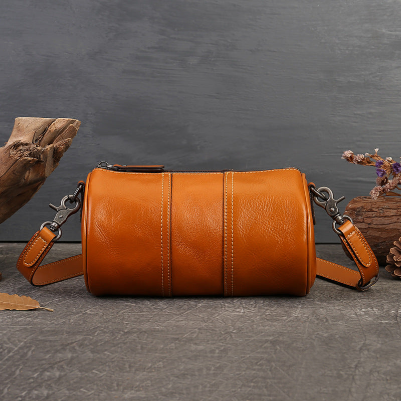 Women's Genuine Leather Cylindrical Crossbody Bag Retro Style