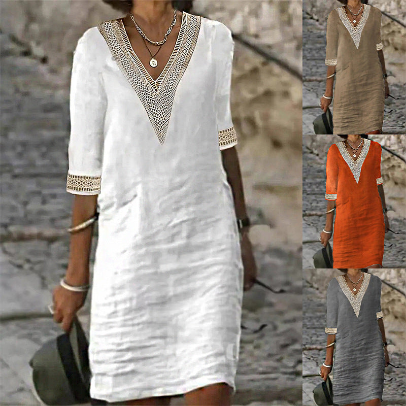 Womens V-Neck Mid-Sleeve Cotton Dress