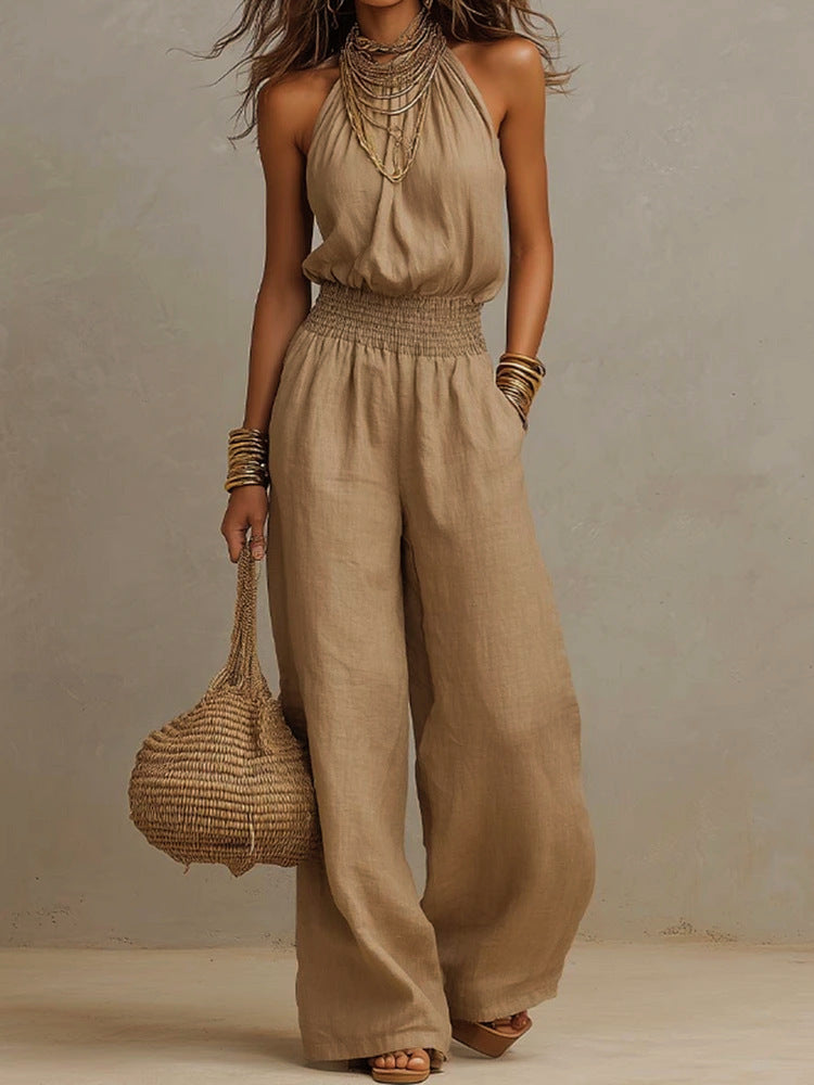 Linen European-style women's dress with backless one-piece pants