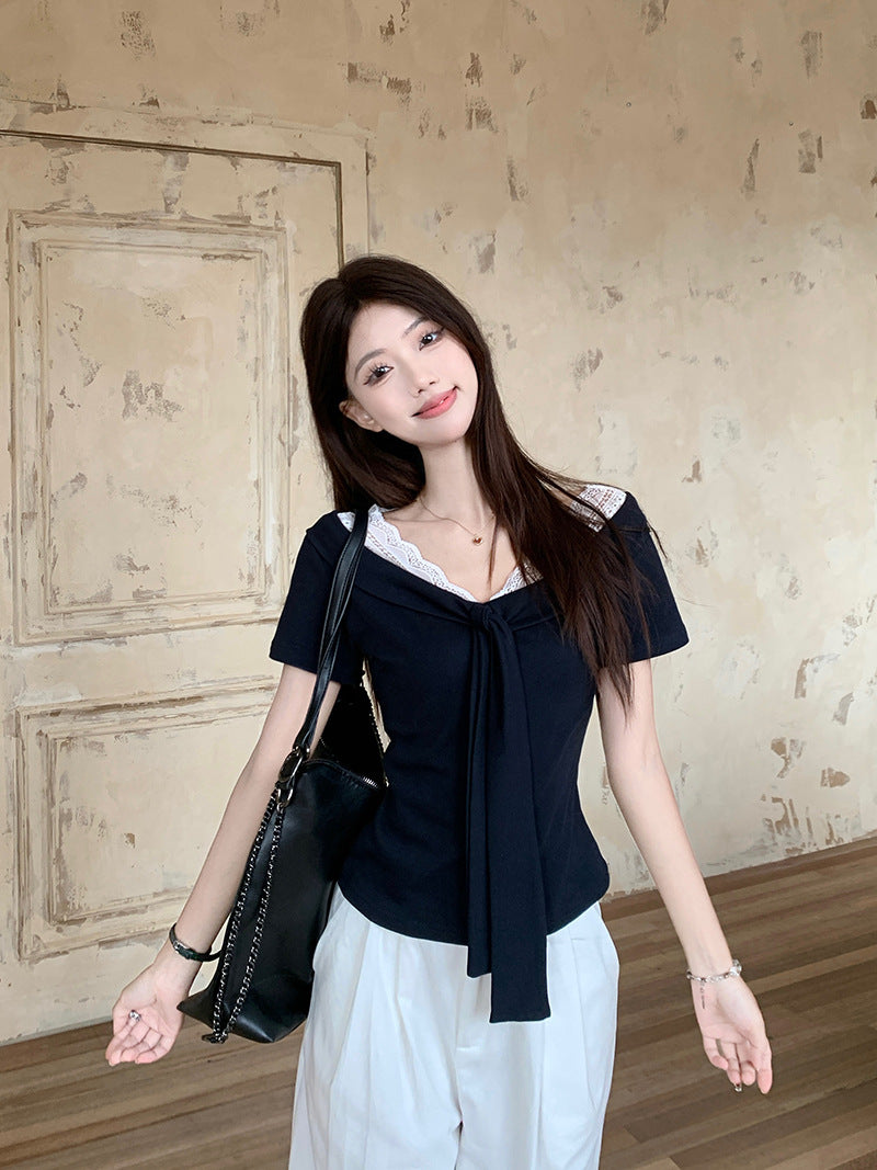 Womens Lace Splicing V-Neck Tie Waist Top