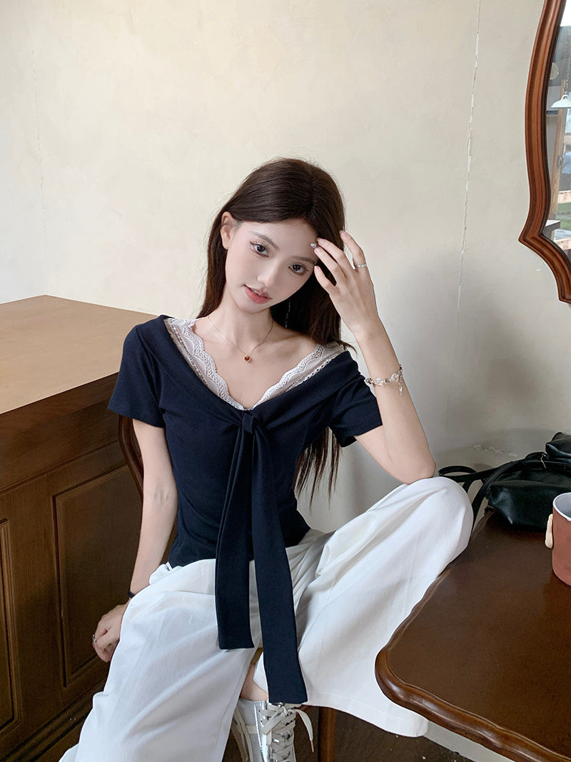 Womens Lace Splicing V-Neck Tie Waist Top