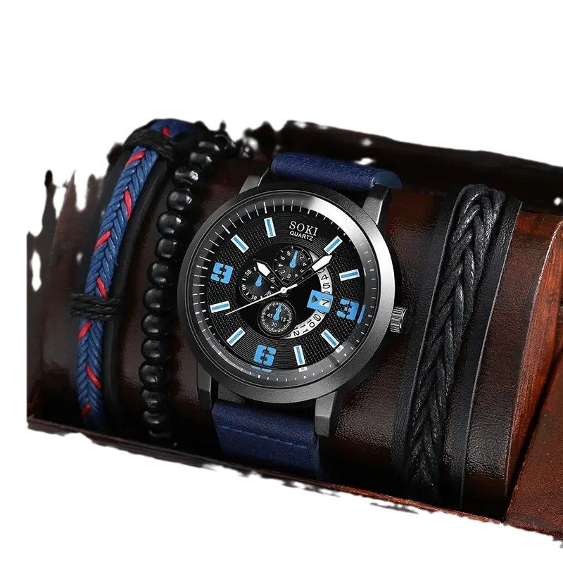 Men's Business Quartz Watch with Beaded Bracelet