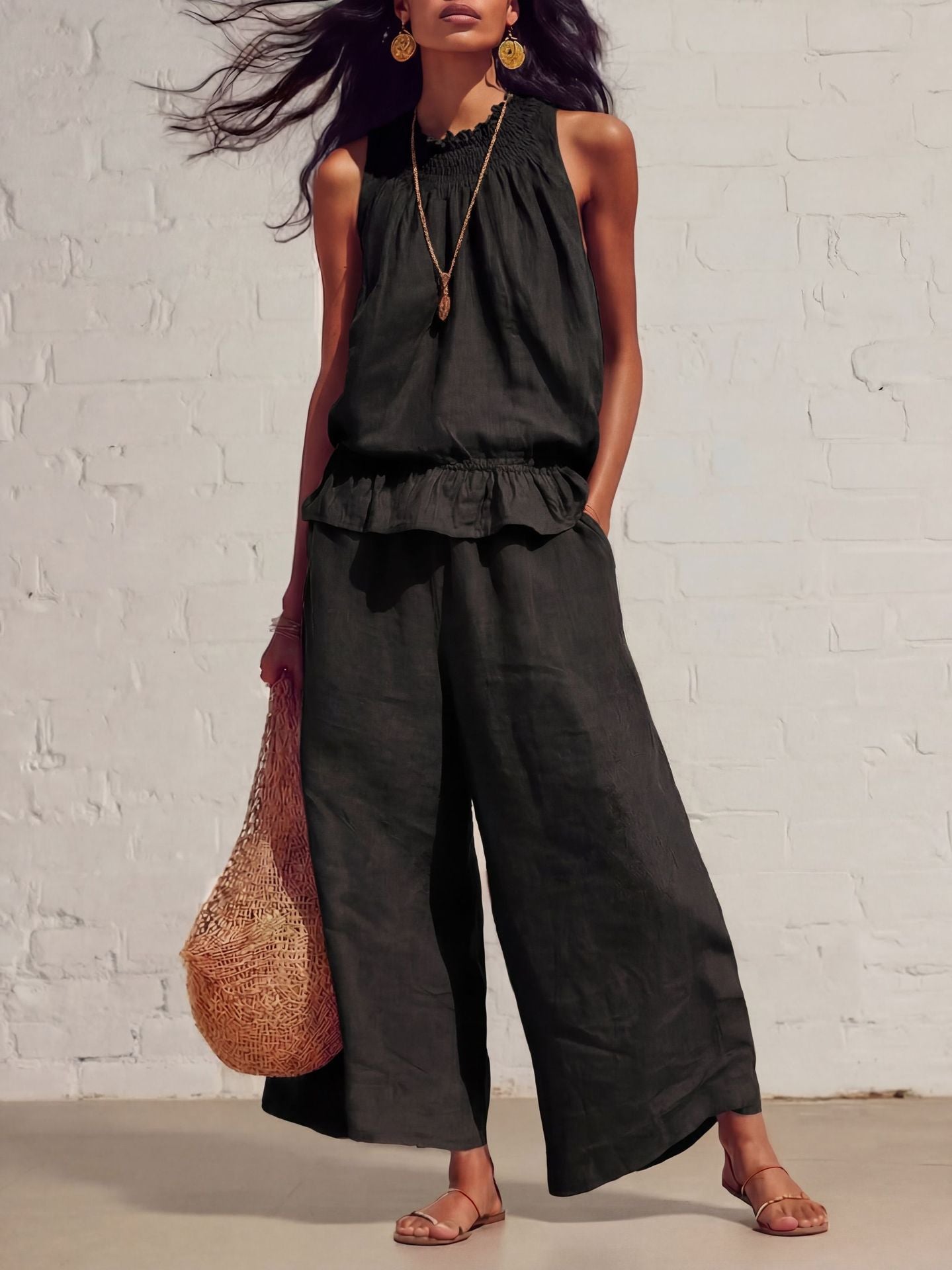 Women's Sleeveless Linen Two-Piece Set with Wide-Leg Pants