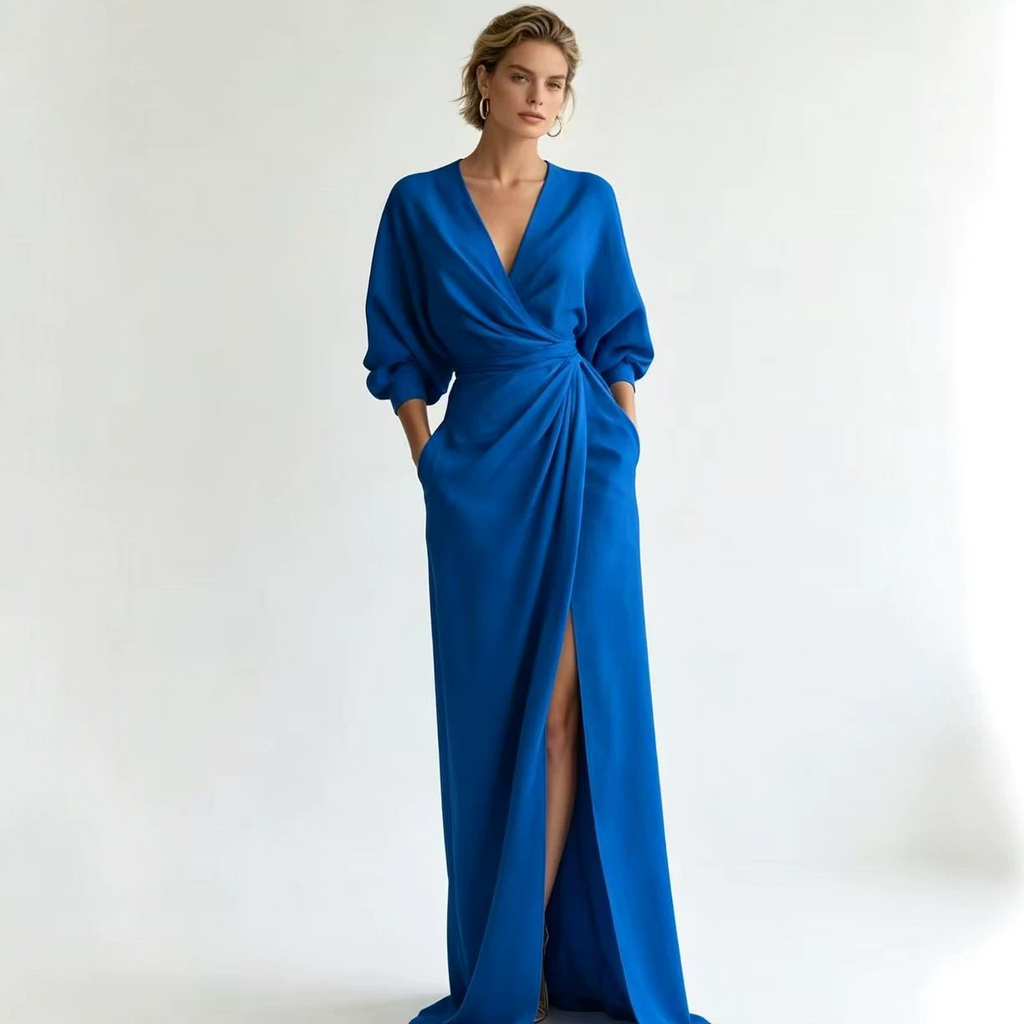 Womens Solid Color V-Neck Long Sleeve Dress