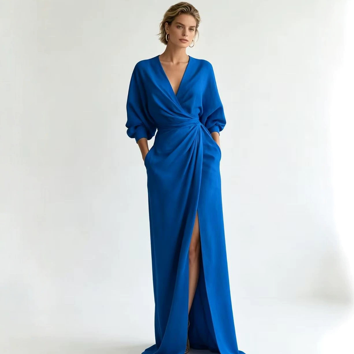 Womens Solid Color V-Neck Long Sleeve Dress