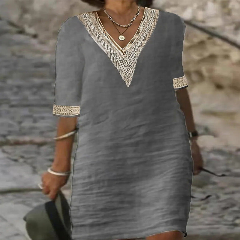 Womens V-Neck Mid-Sleeve Cotton Dress