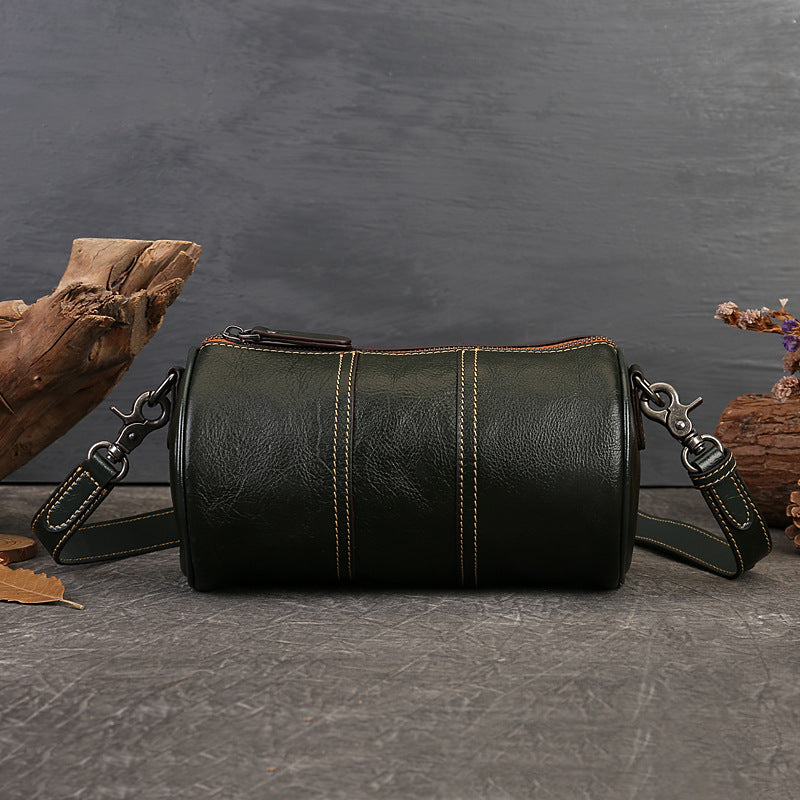 Women's Genuine Leather Cylindrical Crossbody Bag Retro Style