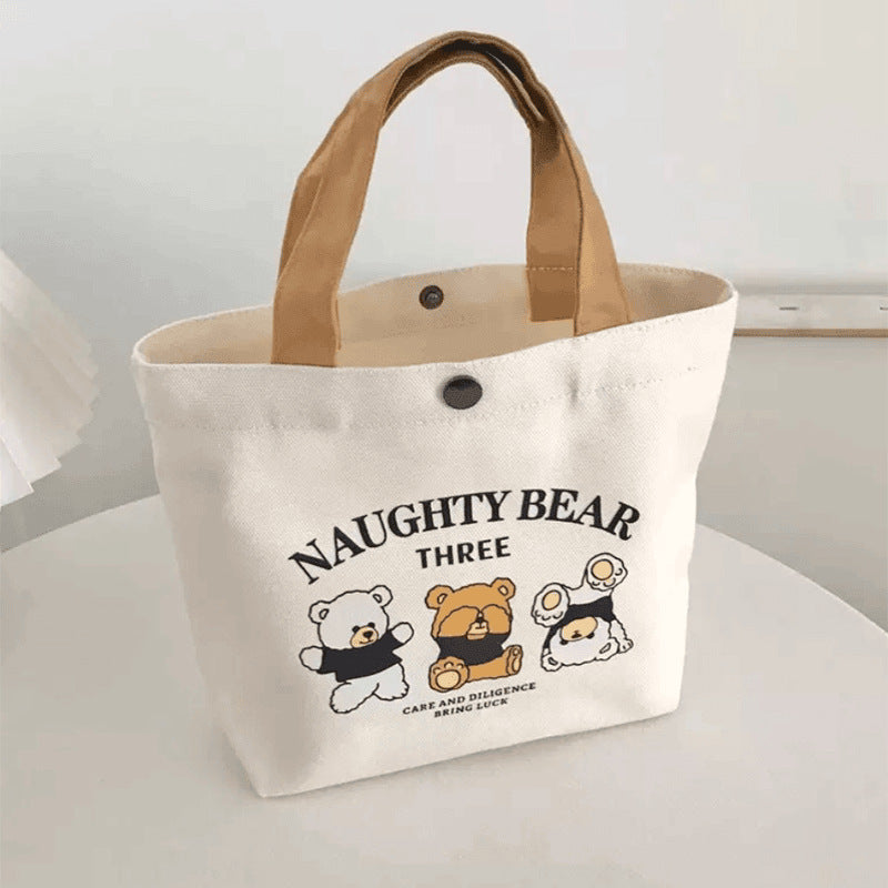 Printed Canvas Tote Bag with Bear Design