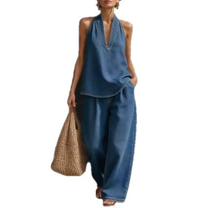 Vintage Button Denim Top and Wide-Leg Jeans Set