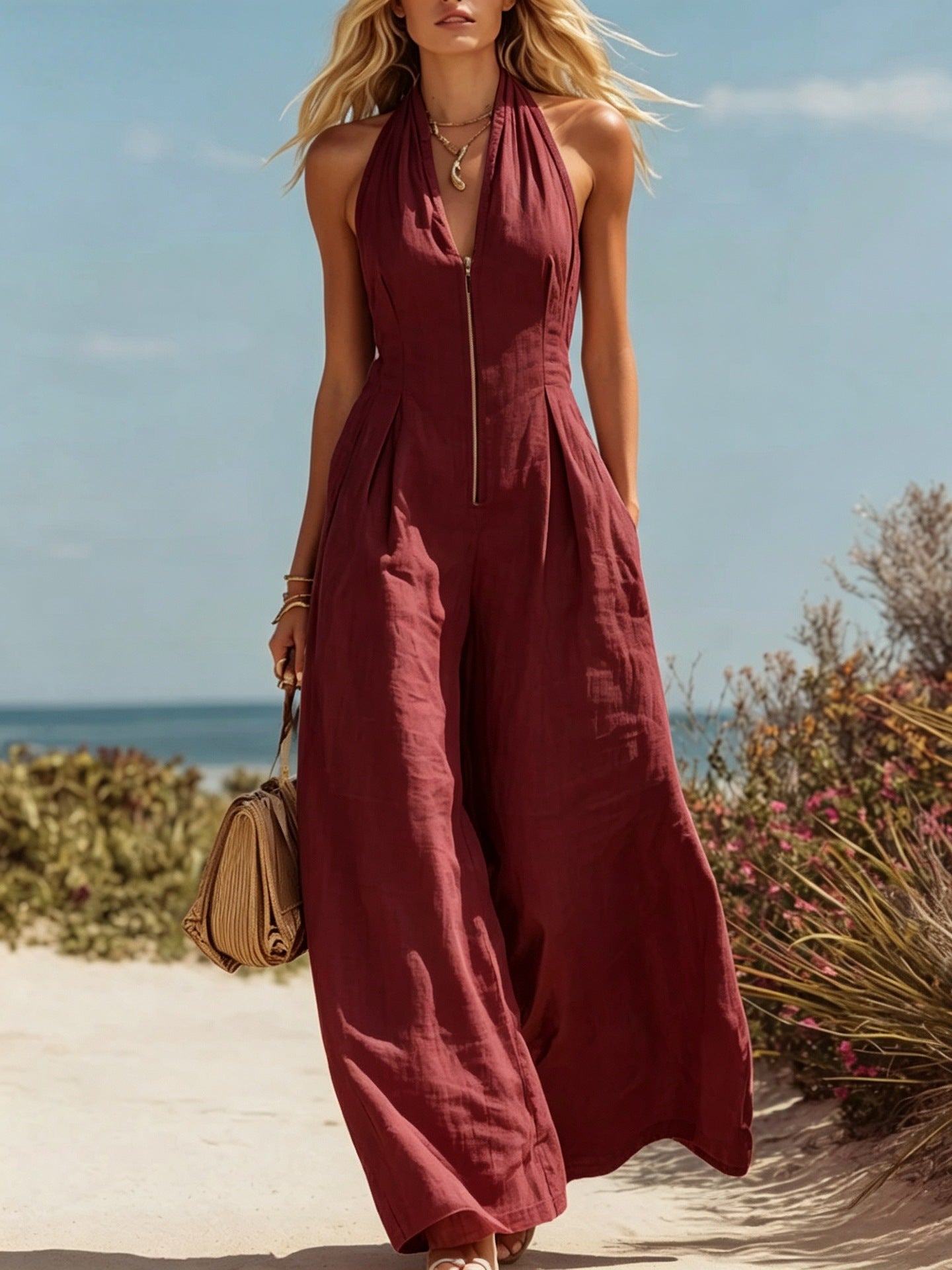 Women's V-Neck Wide Leg Jumpsuit