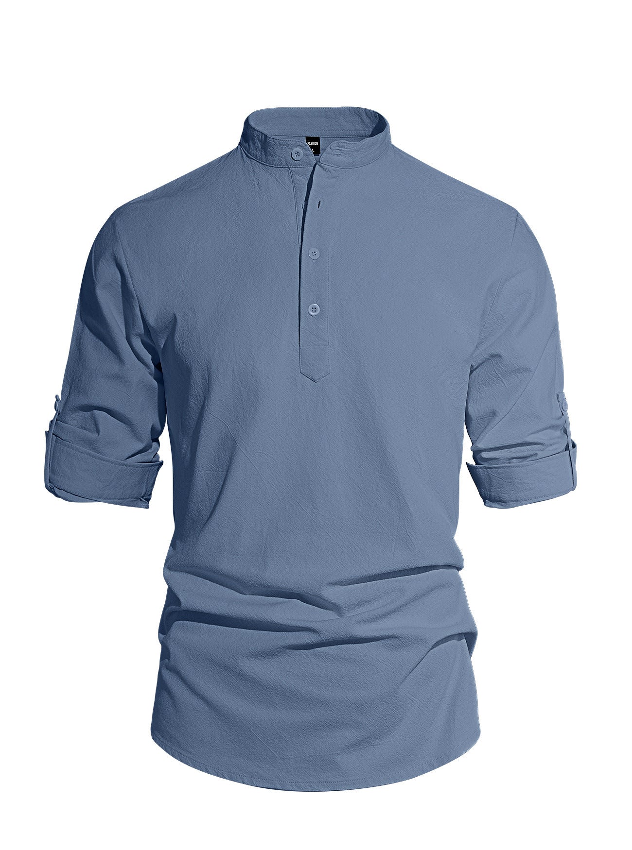 Solid Color Stand-Up Collar Long-Sleeved Cotton and Linen Shirt