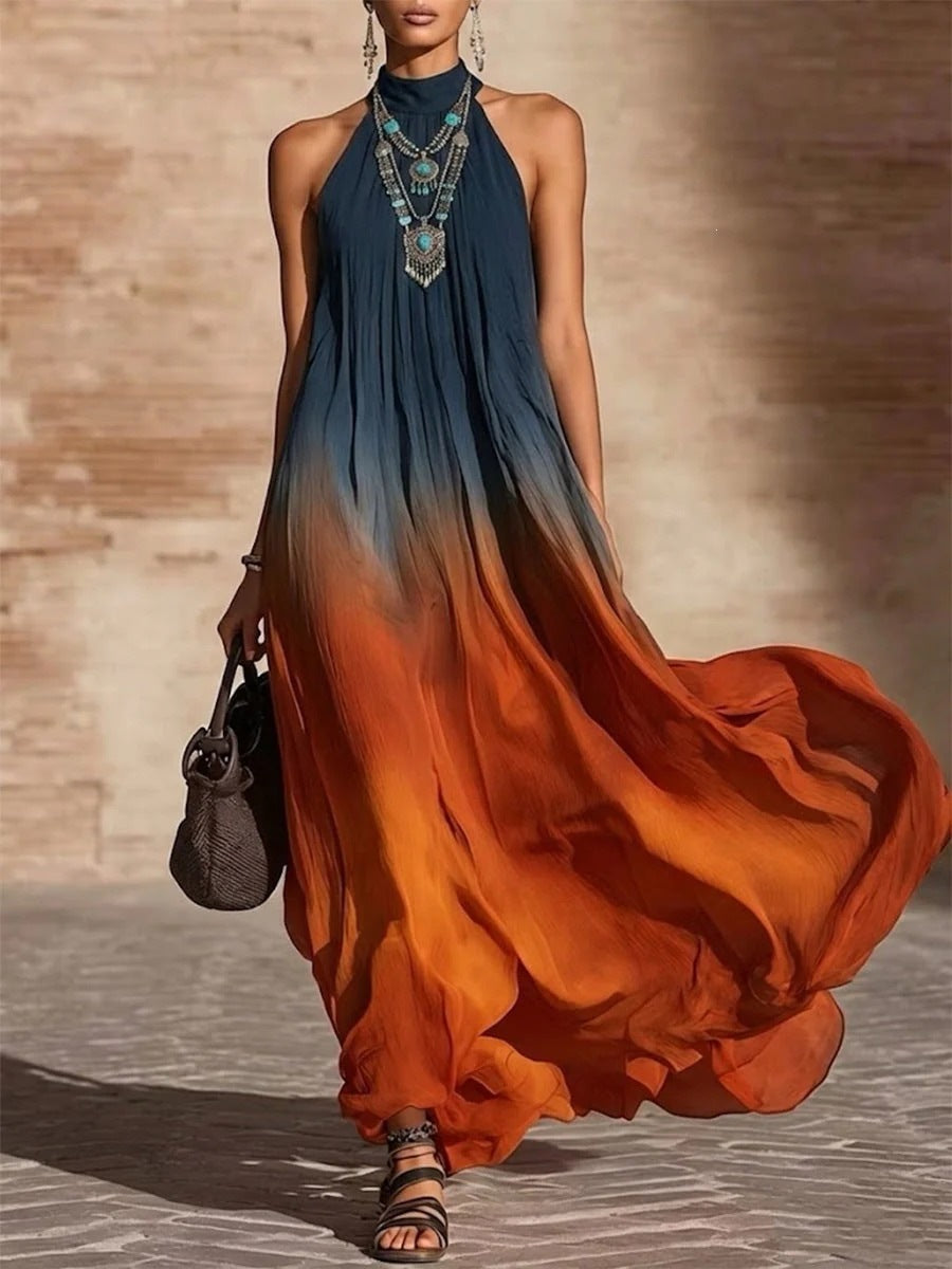 Halter Neck Gradient Color Bohemian Long Dress
