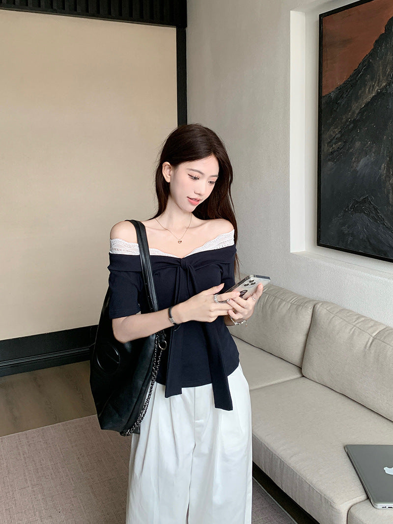 Womens Lace Splicing V-Neck Tie Waist Top