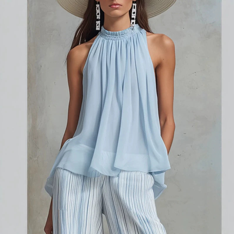 Casual light-blue chiffon sleeveless top and striped wide-leg pants