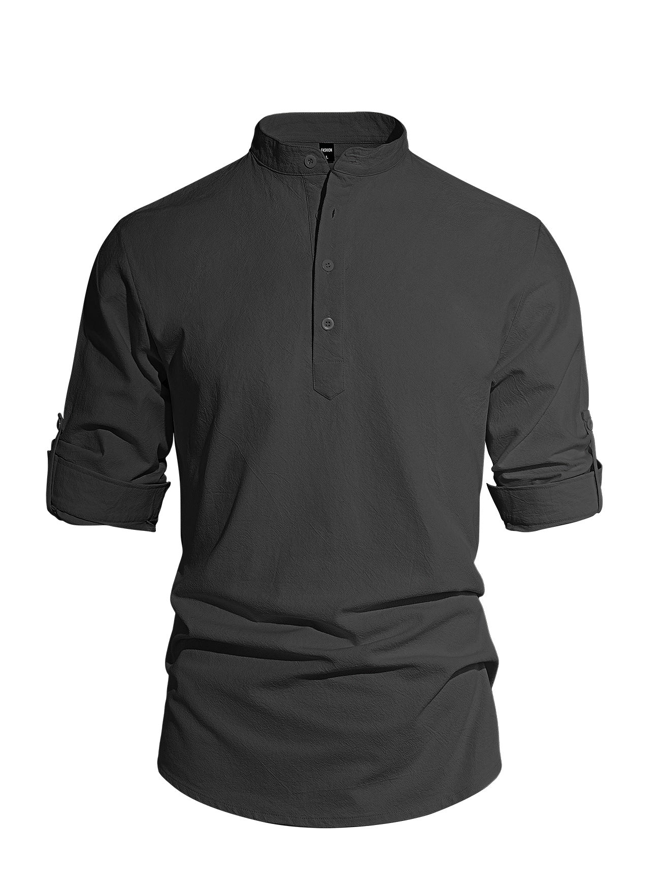Solid Color Stand-Up Collar Long-Sleeved Cotton and Linen Shirt