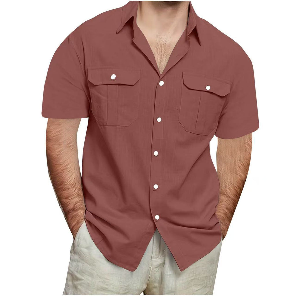 Camisa de algodón y lino de manga corta para hombre