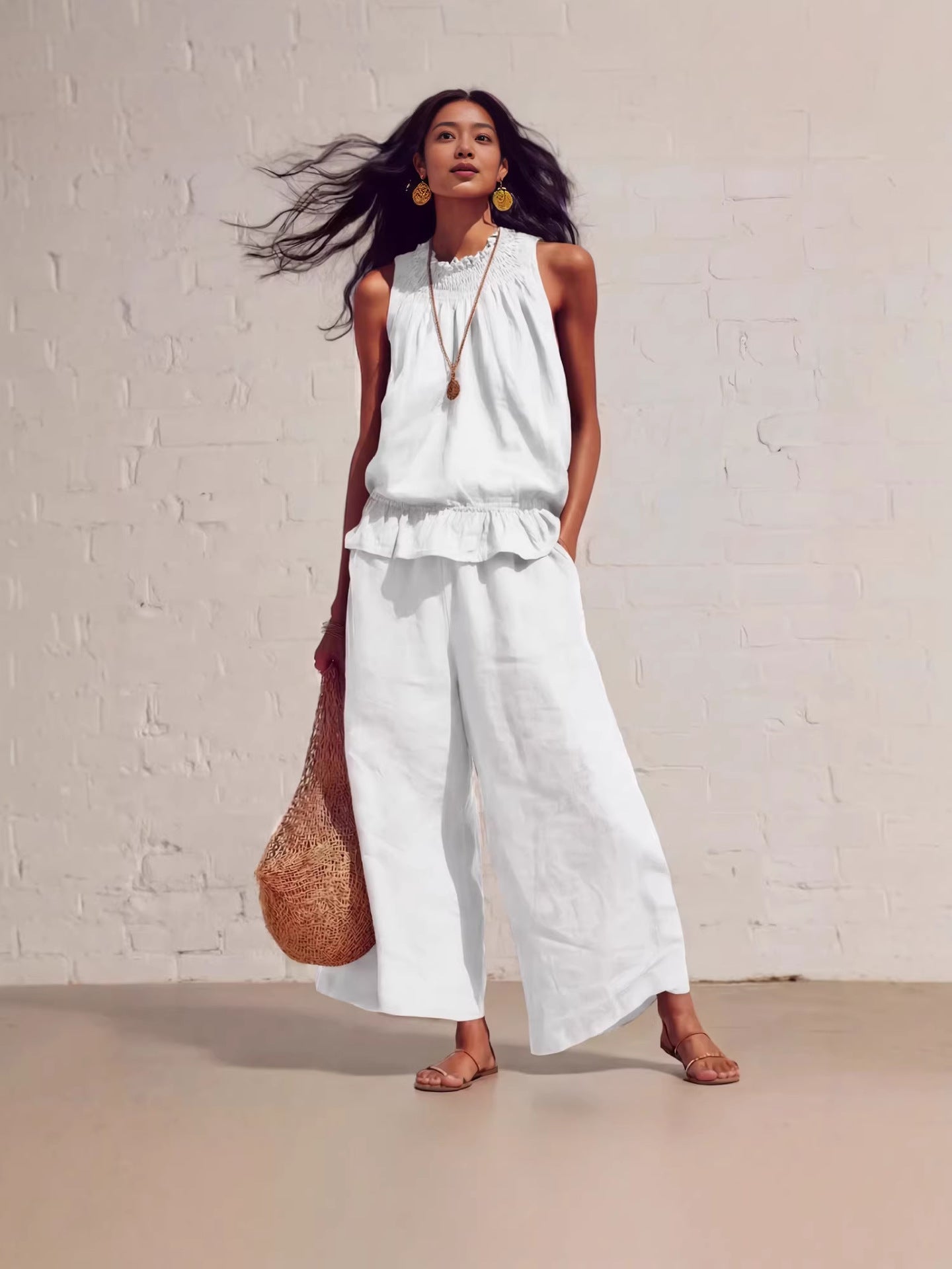 Women's Sleeveless Linen Two-Piece Set with Wide-Leg Pants