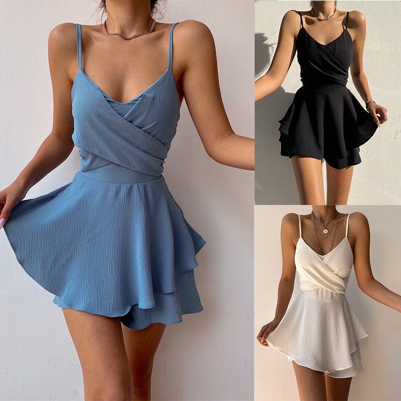 Womens Solid Color Suspender Jumpsuit