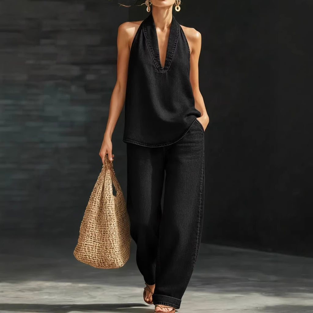 Vintage Button Denim Top and Wide-Leg Jeans Set