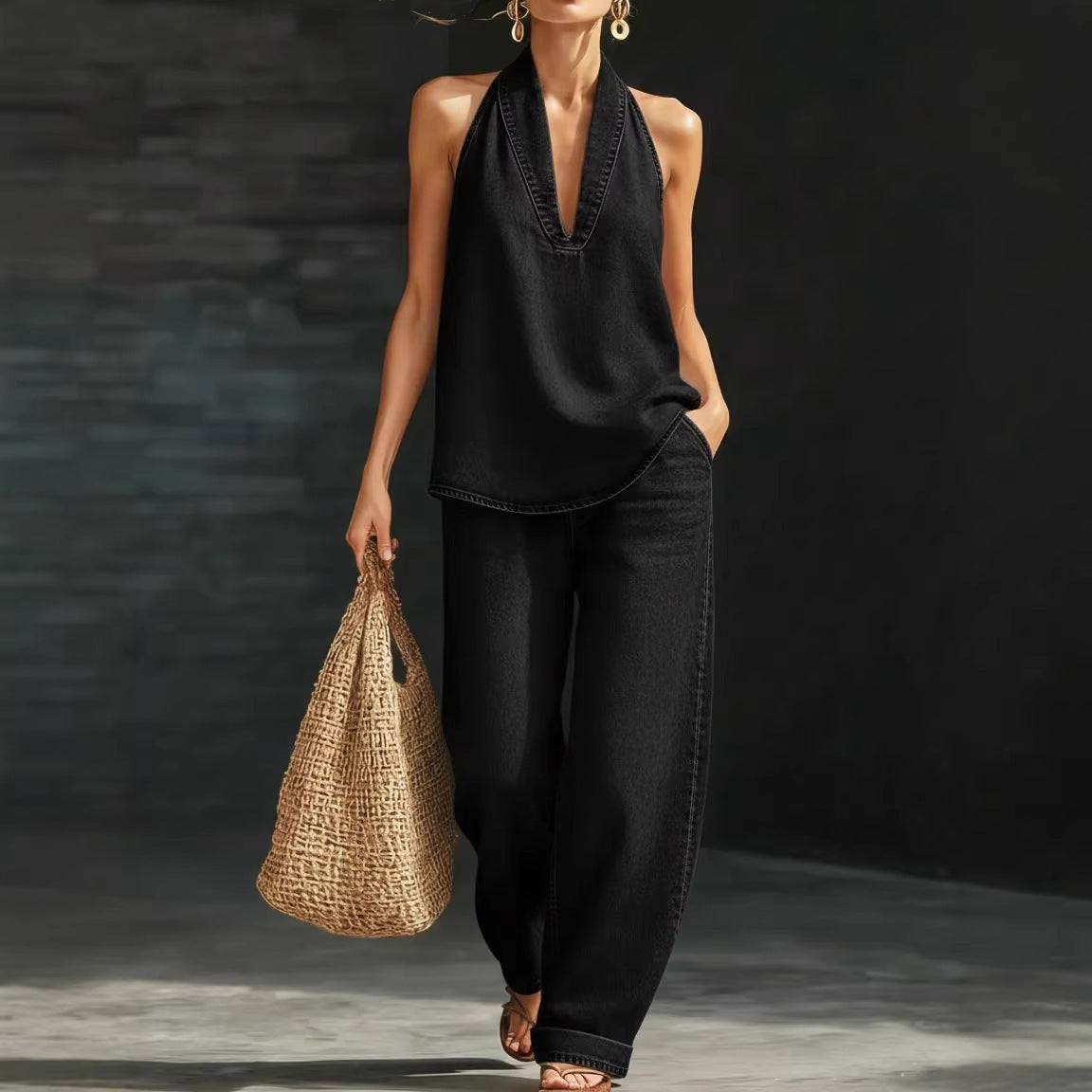 Vintage Button Denim Top and Wide-Leg Jeans Set