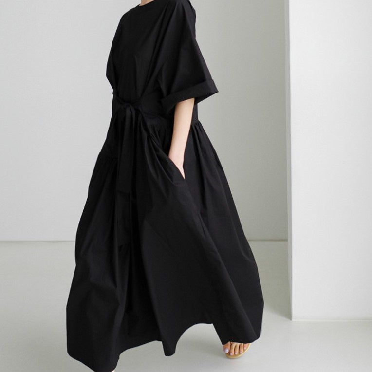 Loose Round Neck Knee Length Cotton Dress
