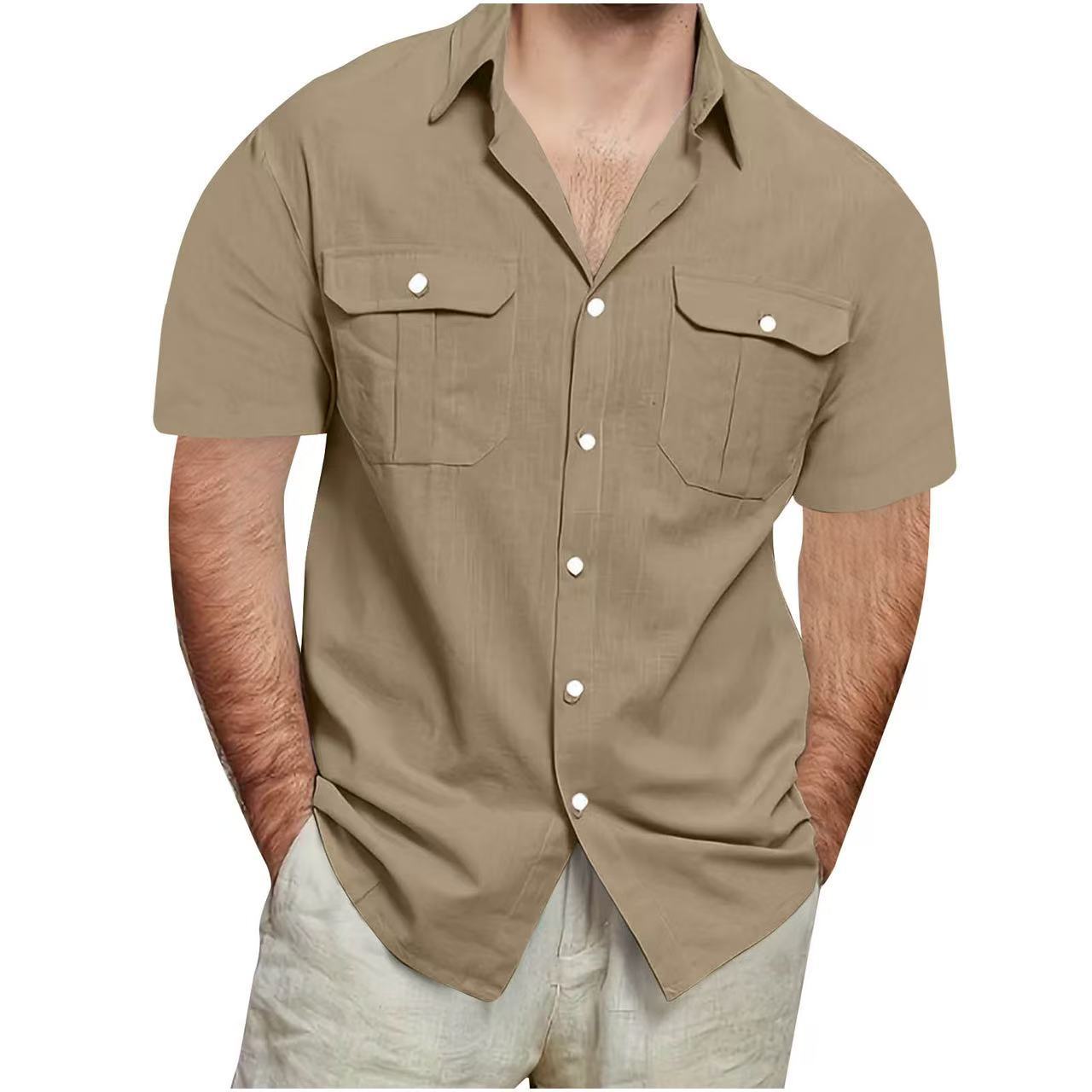 Camisa de algodón y lino de manga corta para hombre