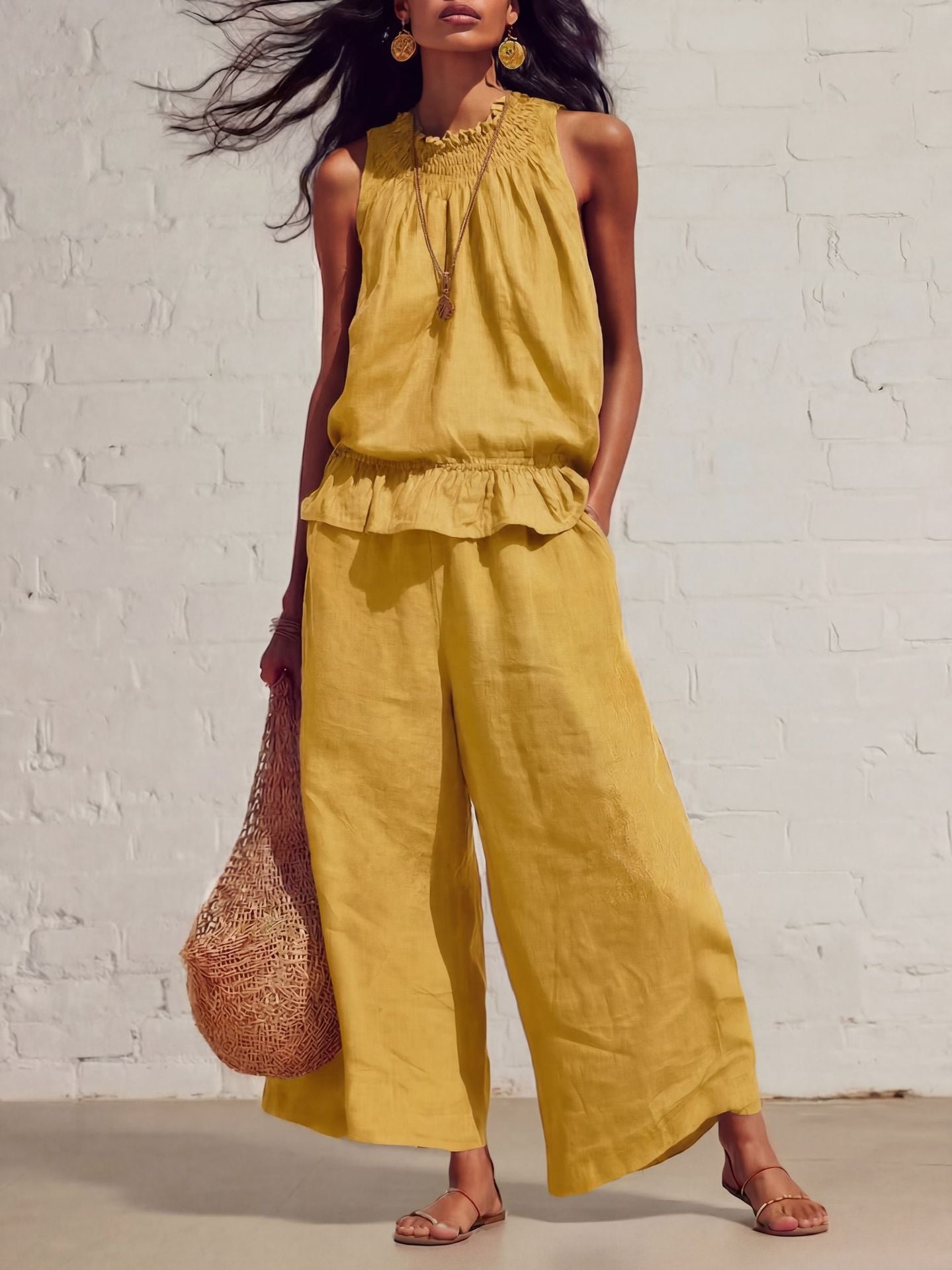 Women's Sleeveless Linen Two-Piece Set with Wide-Leg Pants