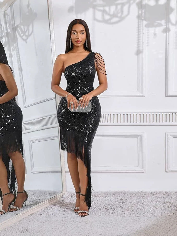 Women's One-Shoulder Crystal Tassel Sequin Dress Evening Gown