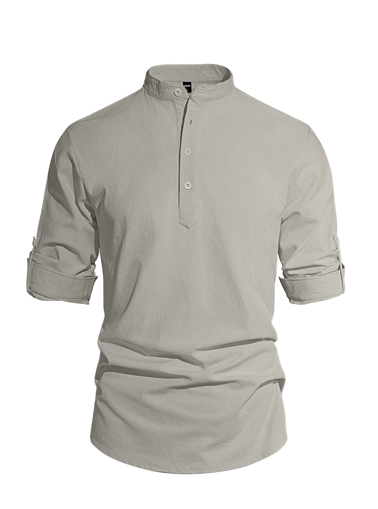 Solid Color Stand-Up Collar Long-Sleeved Cotton and Linen Shirt