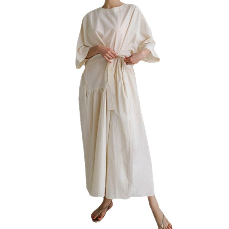 Loose Round Neck Knee Length Cotton Dress