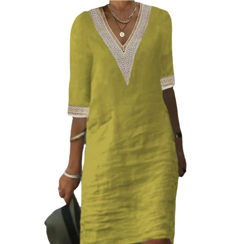 Womens V-Neck Mid-Sleeve Cotton Dress