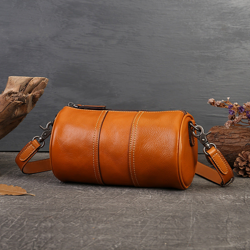 Women's Genuine Leather Cylindrical Crossbody Bag Retro Style