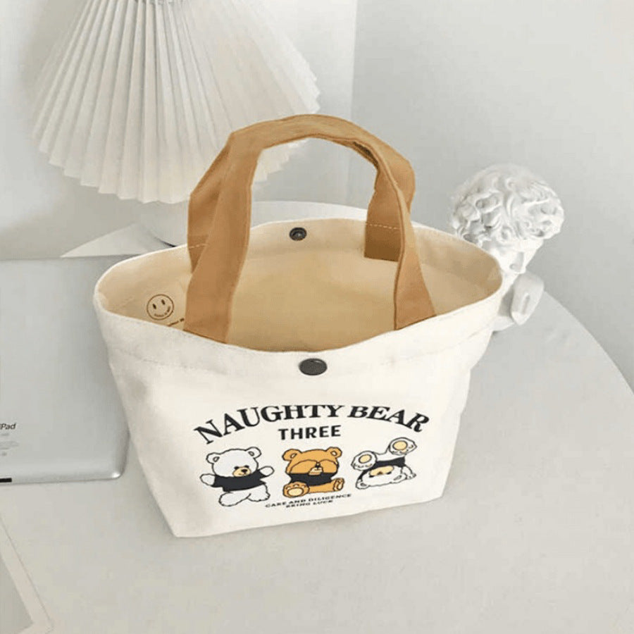 Printed Canvas Tote Bag with Bear Design