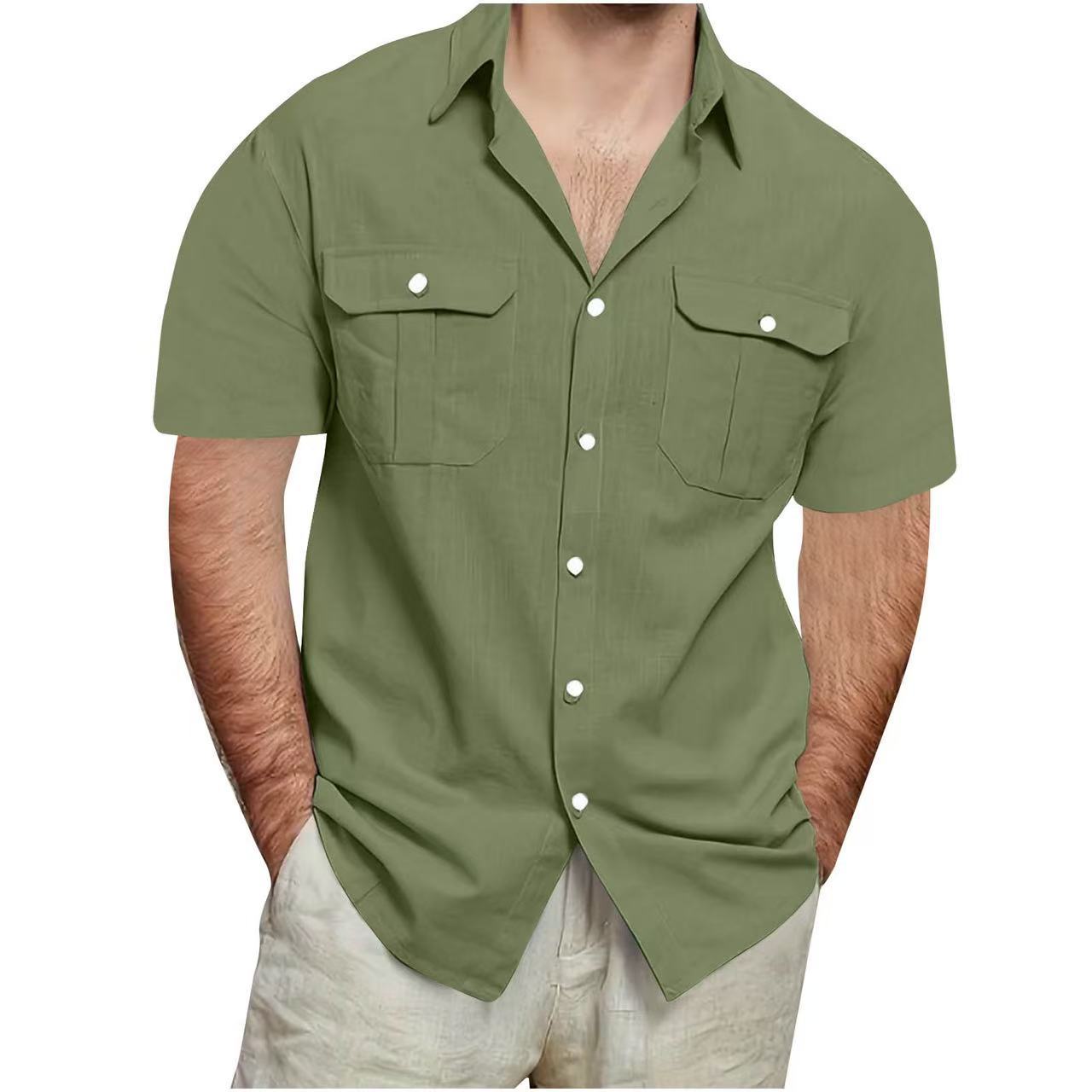 Camisa de algodón y lino de manga corta para hombre