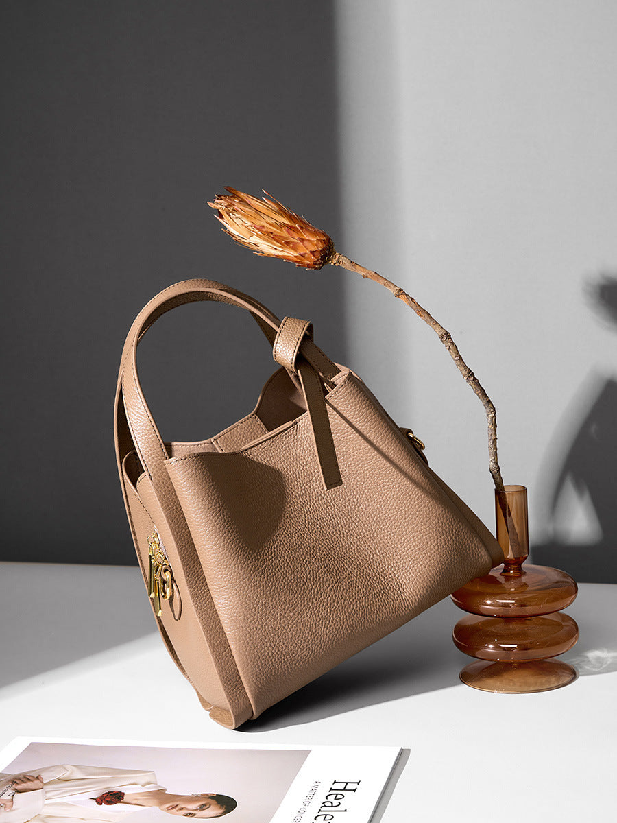 Genuine Leather Bucket Bag with Adjustable Strap