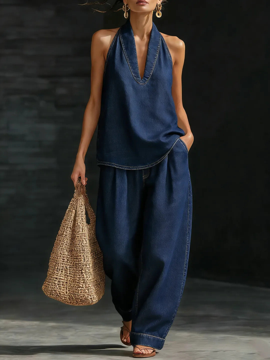 Vintage Button Denim Top and Wide-Leg Jeans Set