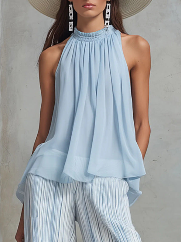 Casual light-blue chiffon sleeveless top and striped wide-leg pants
